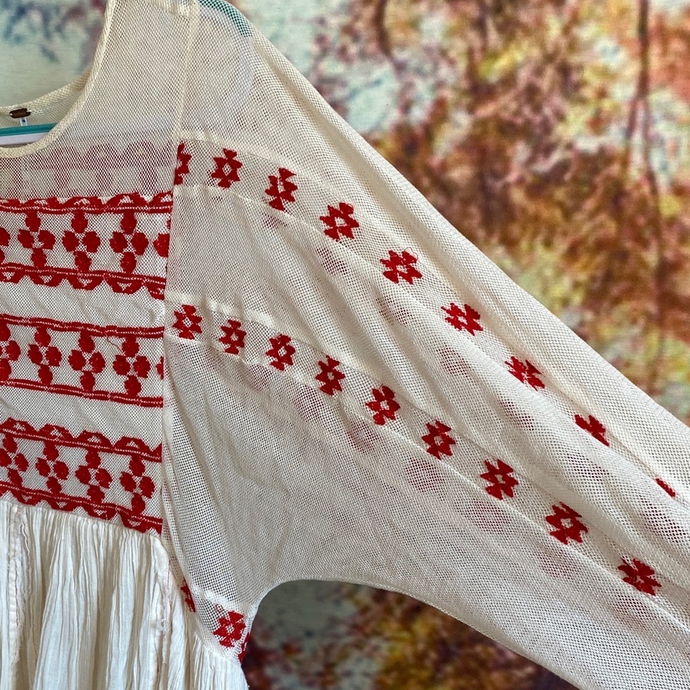 Free People Cream and Red Embroidered sheer Long Sleeve Dress - Picture 4 of 16